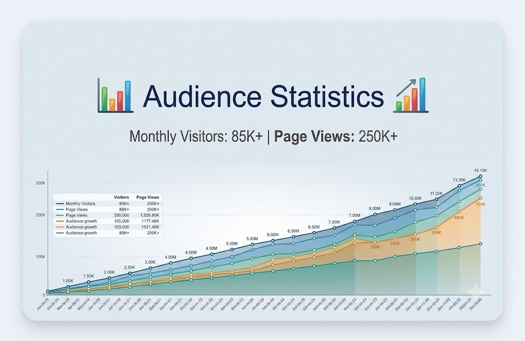 AhbTech audience statistics chart showing monthly visitors, page views, and engagement metrics